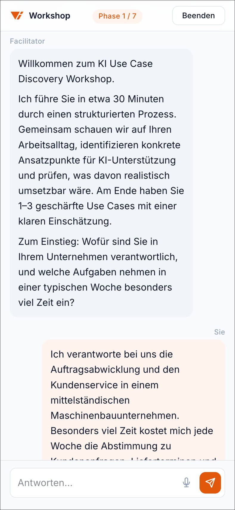Screenshot einer KI-Workshop-Session mit dem Gespräch zwischen Teilnehmer und KI-Moderator